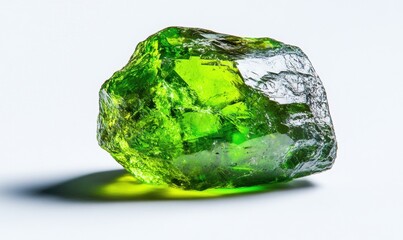 Raw green peridot gemstone on white background for jewelry