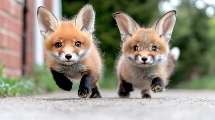 Obraz premium Two adorable fox cubs running outdoors