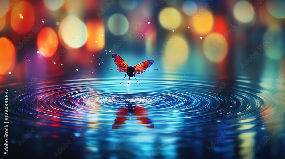 Poster elegant butterfly perched above rippling water with colorful bokeh background creating a serene ambi
