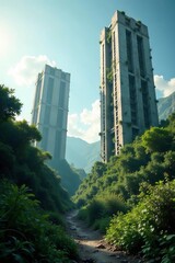 Obraz premium Sun-bleached skeletons of skyscrapers, swallowed by jungle, tropical plants, jungle