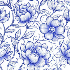 Seamless pattern of exotic blue and white floral line art with intricate details. design features blooming flowers and leaves, creating harmonious and elegant look