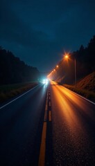 Fototapeta premium Empty road at night, illuminated roadworks ahead, evening, nighttime, signage