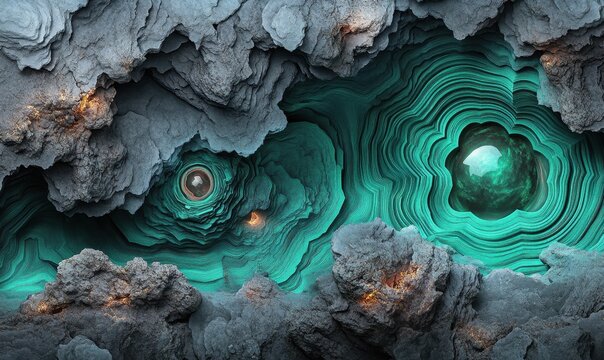 Turquoise cave with glowing orbs, rocky landscape background, abstract design element