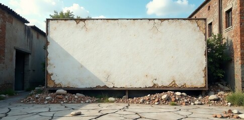 Giant blank billboard, cracked surface, crumbling buildings , grunge, empty