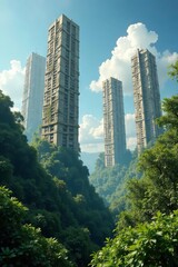 Fototapeta premium Sun-bleached skeletons of skyscrapers, swallowed by jungle, pattern, abandoned, resilience