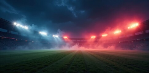 Misty field bathed in bright stadium lights, dark night sky , shadow, night