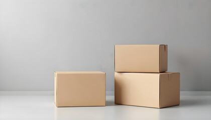 Obraz premium Variety of Unmarked Brown Boxes Stacked on a Minimalist Background for Packaging Displays