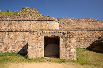 Capilla at the ancient archaeological ruins of Monte Alban in the Oaxaca region of Mexico. Ancient...