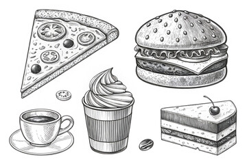 Hand-drawn doodle-style food icons in black and white