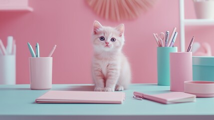 Cute kitten on a pastel desk setup. pet wallpaper