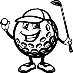 Cute cartoon golf ball character silhouette vector illustration, cartoon golf ball character line art vector icon design