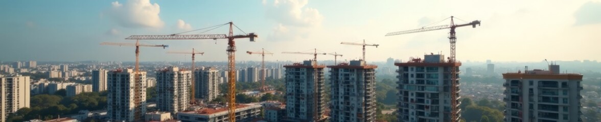 Multiple tower cranes at a residential construction site, viewed from above , urban landscape, construction