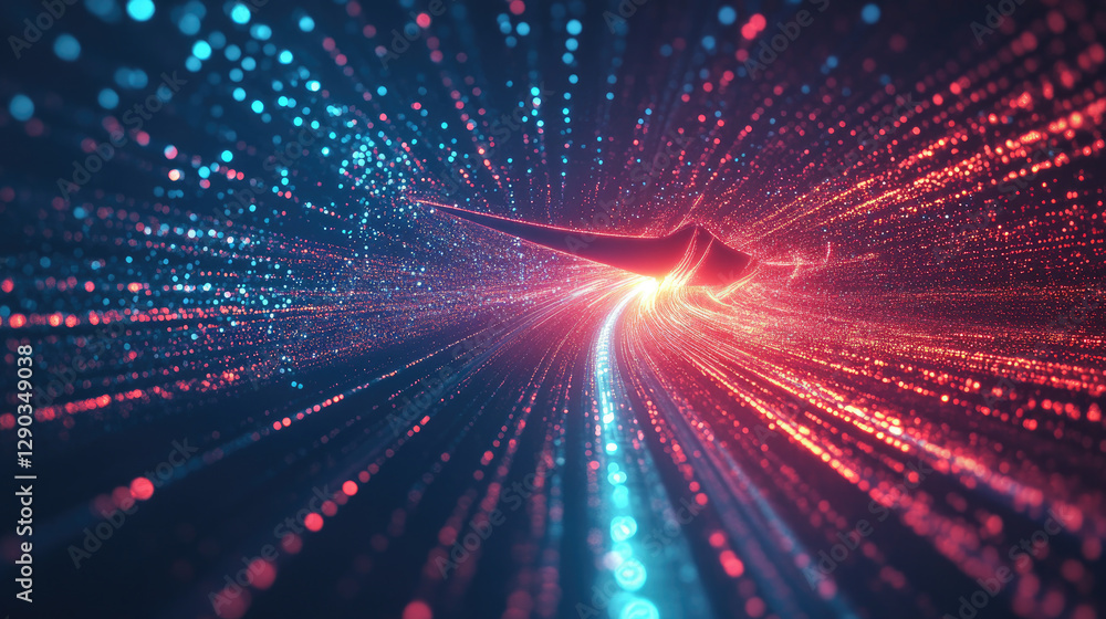 Poster airplane flying through illuminated data streams, representing a global logistics network, advanced 