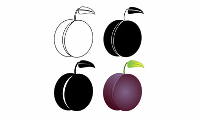 Vector illustration of a plum fruit icon set. Includes outline, solid black, and colored versions. Perfect for logos, labels, packaging, and graphic design.