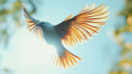 Bird in flight, sunlight, trees, freedom