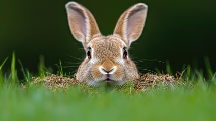 Fototapeta premium Rabbit peeking from grassy burrow