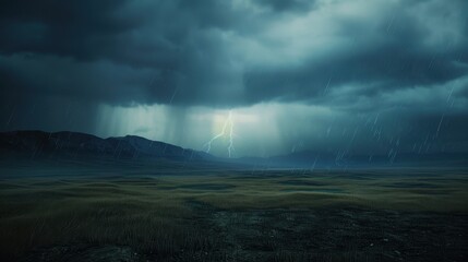 Thunderstorm displays an abstract beauty. Lightning and rain dominate the dark, stormy sky.