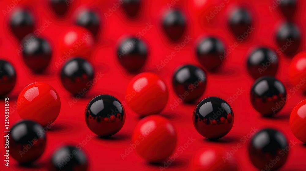 Poster dynamic arrangement of red and black spheres on a red background abstract art installation close-up 