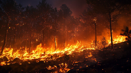 A raging wildfire engulfs a dense forest, with towering flames lighting up the night sky, glowing embers swirling, and brave firefighters battling the fierce inferno.