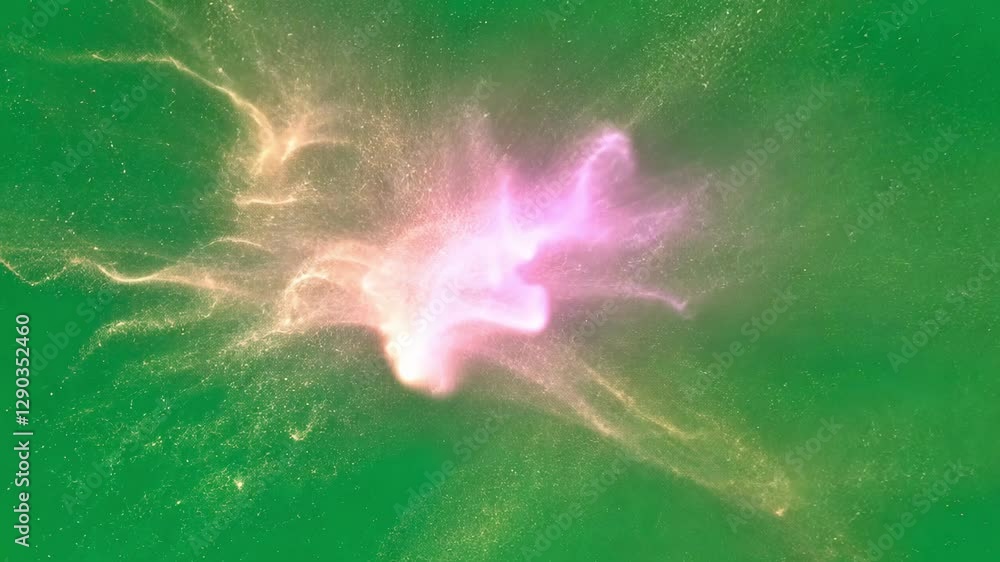 Poster luminous gold and pink particles bursting, swirling dynamically, creating mesmerizing abstract visua
