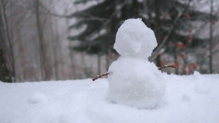 A charming little snowman crafted from snow, nestled in a serene, snow-covered forest during wintertime, surrounded by frosted pine trees and a magical, tranquil atmosphere  