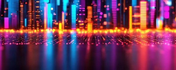 Naklejka premium Vibrant nightlife celebration urban cityscape digital art neon lights futuristic atmosphere aerial view