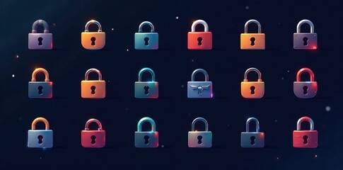 Collection of sleek lock line icons in various colors and styles, access, digital
