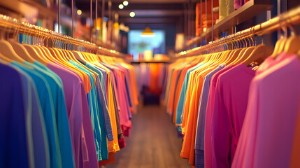 Vibrant clothing store aisle with colorful shirts and hangers
