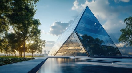 Contemporary triangle shape design modern Architecture building exterior with glass, concrete and steel element. Noon scene. Photorealistic 3D rendering