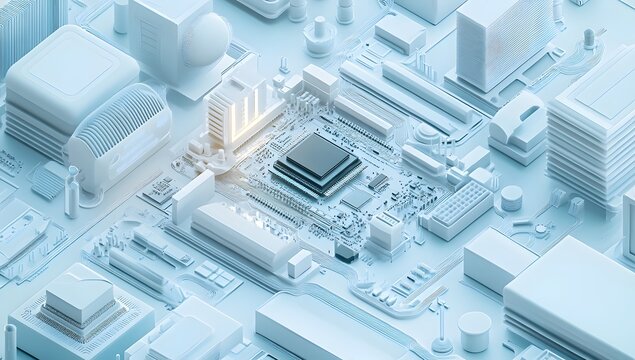 Abstract circuit board city, digital tech, futuristic urban, background processing