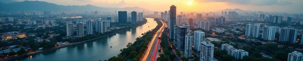 High-rise buildings, bustling Lagos roads, aerial perspective  ,  dynamic,  ultra realistic,  concrete