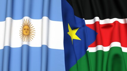 Flags of ARGENTINA and SOUTH SUDAN with realistic cloth texture