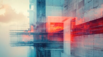 Fototapeta premium Double Exposure Building Construction Engineering Project Concept Graphic designers, architects or construction workers with modern technology and equipment