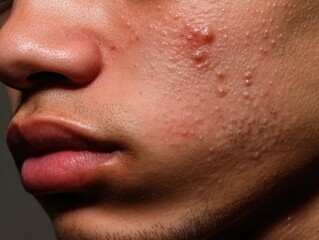 Close-up of a young man's cheek and lips with acne and blemishes, medium brown skin, visible pores, minor redness.