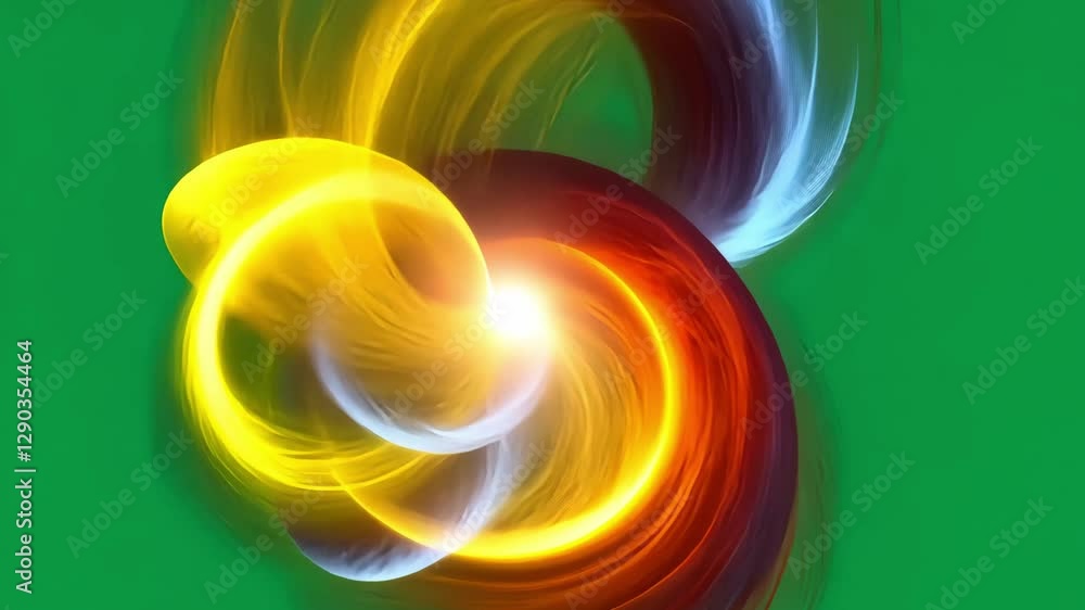 Poster swirling golden blue energy vortex dynamically morphing, spinning and changing intensity across gree
