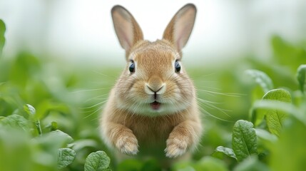 Fototapeta premium Playful bunny jumping through green foliage