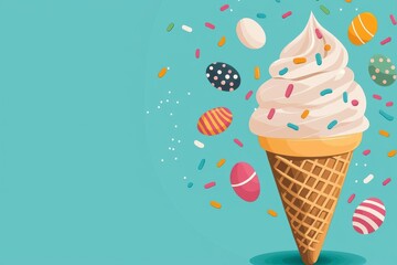 Colorful ice cream cone with sprinkles and festive eggs on a vibrant background.