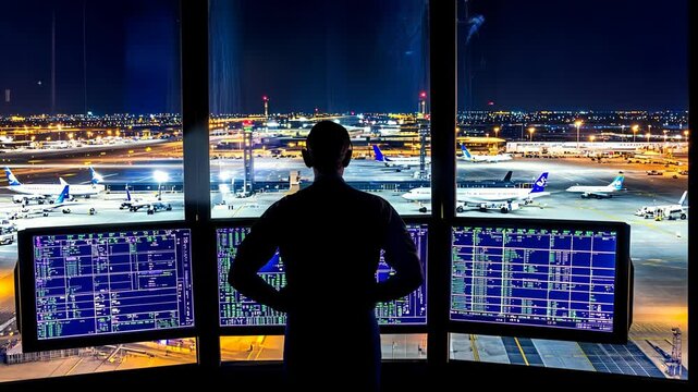 Control tower operator monitors airport operations during nighttime at a busy international airport