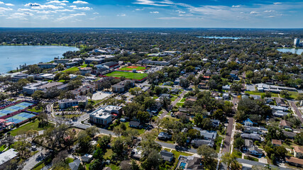 Lakeland, FL, USA - 02-23-2025:  Winter aerial image of the City of Lakeland, FL, Munn Park Historic District.