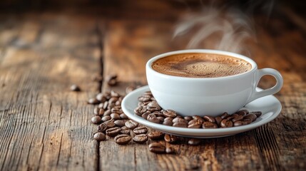 Fototapeta premium Hot coffee cup on rustic wooden table with coffee beans