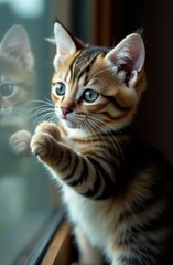 Curious kitten playing with reflection in window
