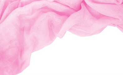 Pink chaotic draped fabric for corner isolated on white or transparent background
