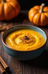 Creamy pumpkin soup with cinnamon in rustic bowl for autumn season