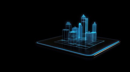 3D holographic projection of a city emerging from an advanced mobile device, demonstrating augmented reality in urban planning, AR construction and construction safety