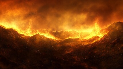 Naklejka premium Fiery inferno engulfing hills, apocalyptic landscape.