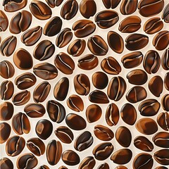Fototapeta premium Roasted Coffee Beans Scattered Randomly on a Light, Neutral Background with Strong Shadows, Creating a Natural Pattern with Varied Bean Shapes, Textures, and Brown Tones.