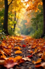 Pathway covered with colorful autumn leaves in a forest