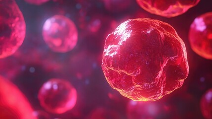 Fototapeta premium Close-up view of malignant cells under a microscope, glowing in red hues