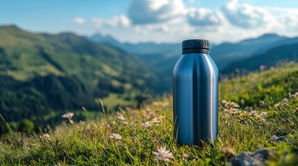 A metal water bottle rests on a green grassy mountain slope