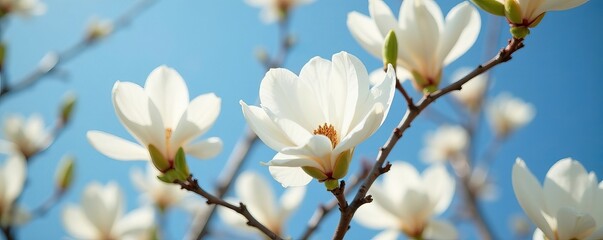 Close-up of white magnolia tree flowers in full bloom against a blue sky, spring, outdoors, blossom